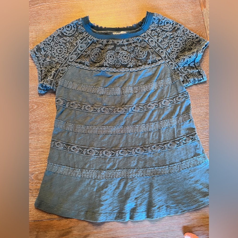 Meadow Rue Anthropologie Teal Green/Blue Lace Floral Shirt Size Small